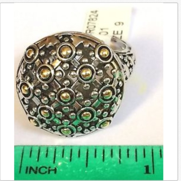 Art Deco Boho Cocktail Ring Size 5 Bohemian Two tone Dome Gold Silver Plated - Picture 8 of 8